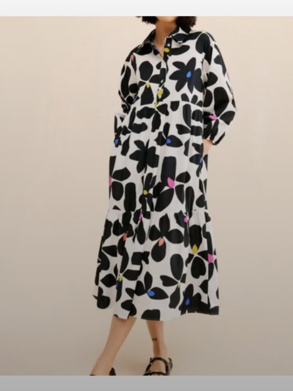 Anthropologie Maeve Bettina Tiered Shirt Dress Oxford Black & White Floral